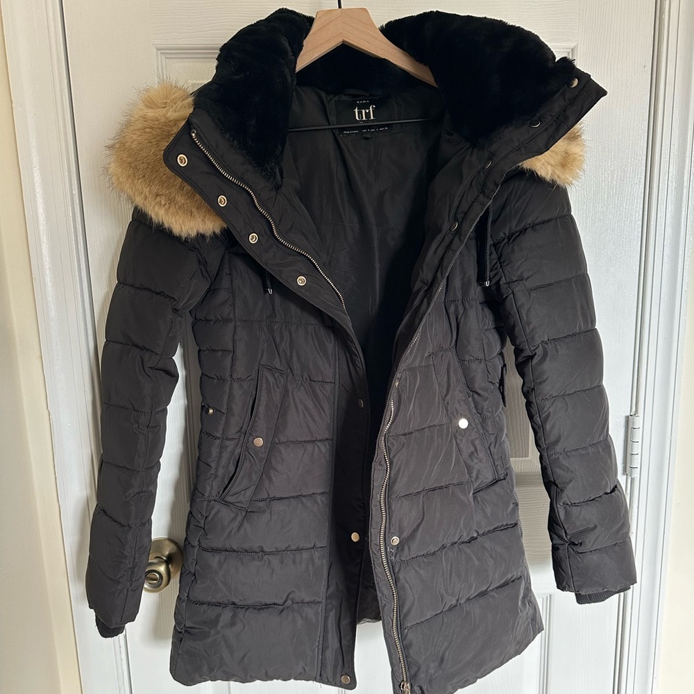 Zara black mid-length hooded down jacket size 6